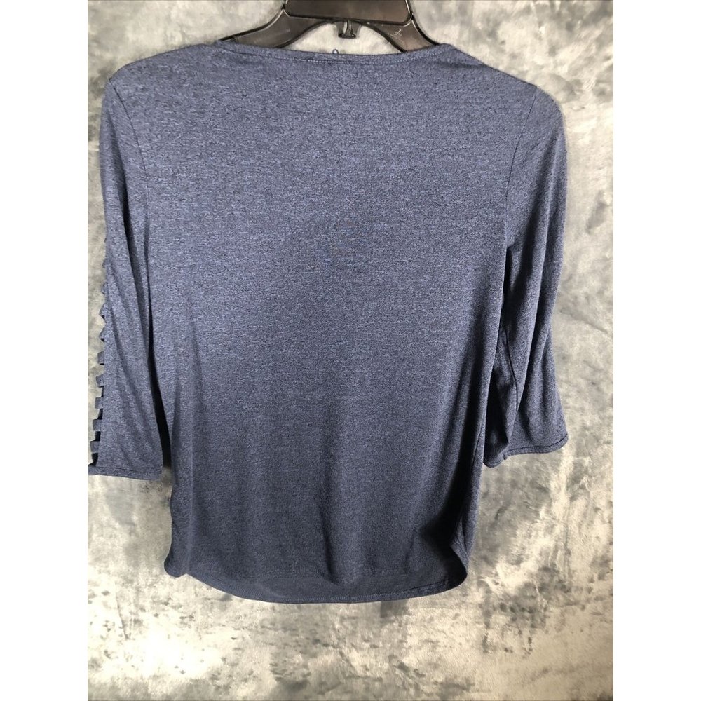BCX Shirt Woman’s Blouse Lattice Cut Out Sleeves Size Adult Small Slate Blue - Picture 8 of 8